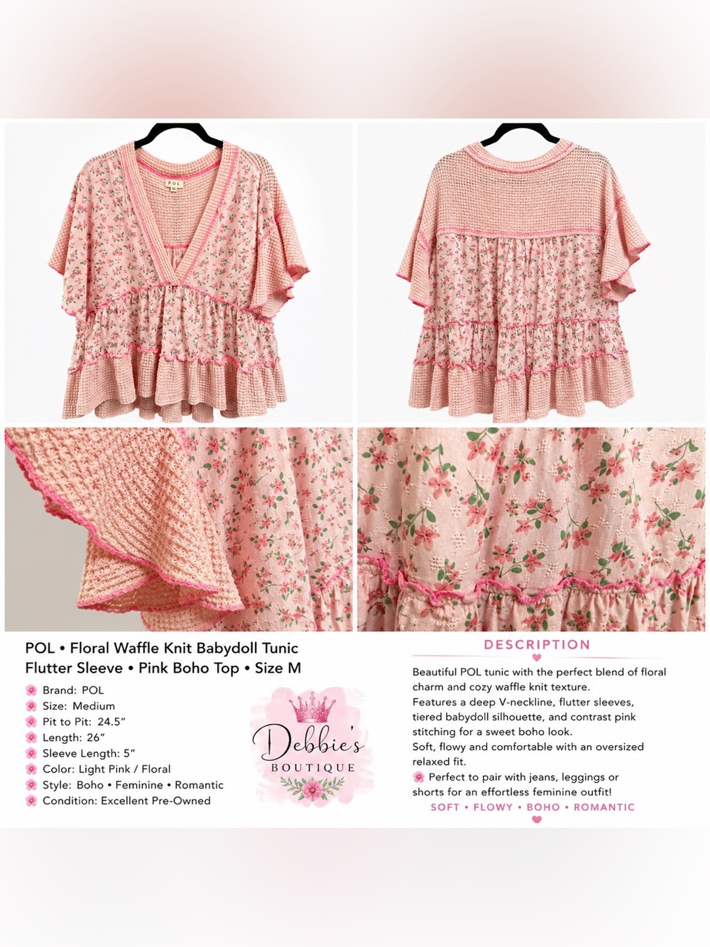 NEW POL Floral Waffle Knit Babydoll Tunic Pink Boho Flutter Sleeve Top M - Picture 2 of 6